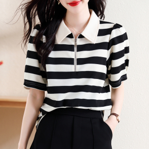 RM19437#黑色Polo领珠地条纹短袖T恤女韩版休闲爆款上衣