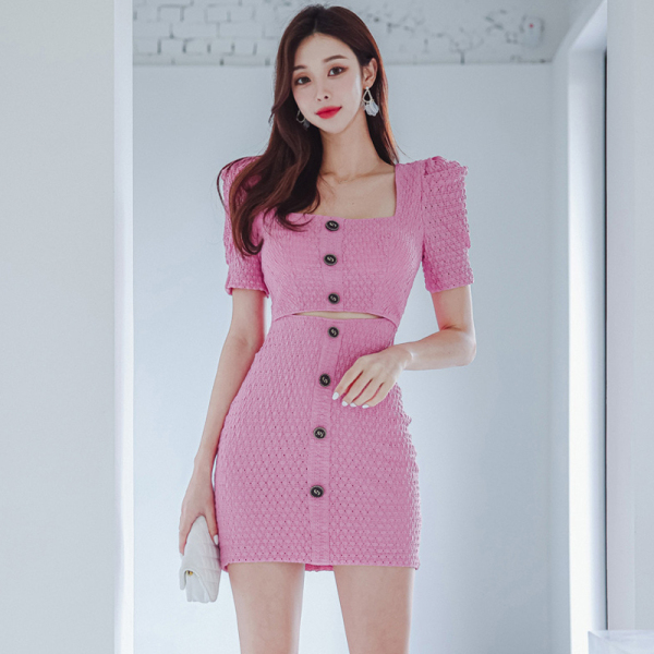 RM19864#夏季新款韩版气质修身方领单排扣露腰时尚包臀连衣裙女
