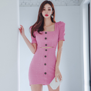 RM19864#夏季新款韩版气质修身方领单排扣露腰时尚包臀连衣裙女