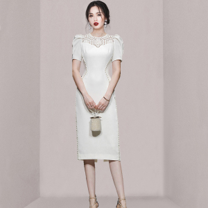 RM13853#夏季女装新款气质白色泡泡袖珍珠蕾丝拼接修身圆领短袖连衣裙
