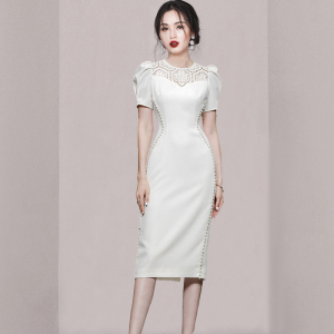 RM13853#夏季女装新款气质白色泡泡袖珍珠蕾丝拼接修身圆领短袖连衣裙
