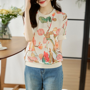 RM15369#女短袖2023夏季新款显瘦高端乱麻印花气质半袖T恤