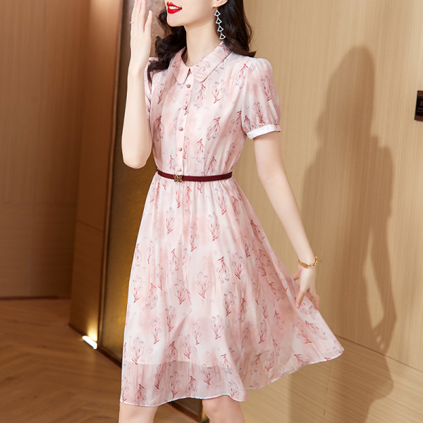 RM23160#粉红色衬衫印花雪纺连衣裙2023夏季新款气质收腰中长裙