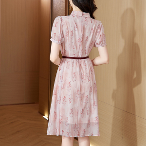 TR33198# 粉红色衬衫印花雪纺连衣裙夏季新款气质收腰中长裙 服装批发女装批发服饰货源
