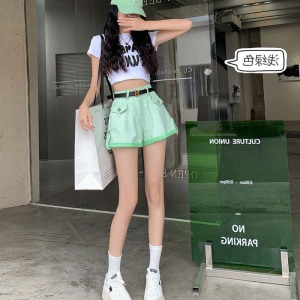 RM14094#夏季新款浅绿色显瘦卷边牛仔短裤女宽松高腰牛仔短裤潮