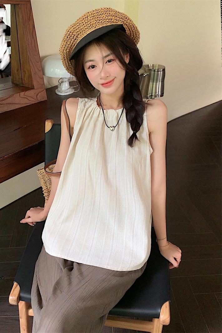 Actual shot Korean style loose round neck pleated slimming versatile vest top for women