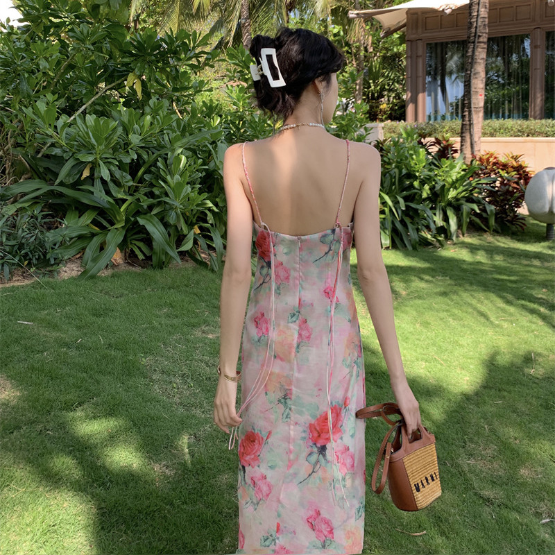 zisi恣肆 揉夏 粉荔水彩印花吊帶連衣裙2023年春夏