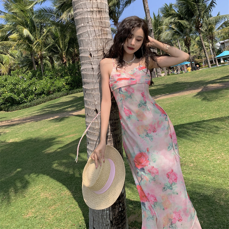 zisi恣肆 揉夏 粉荔水彩印花吊帶連衣裙2023年春夏
