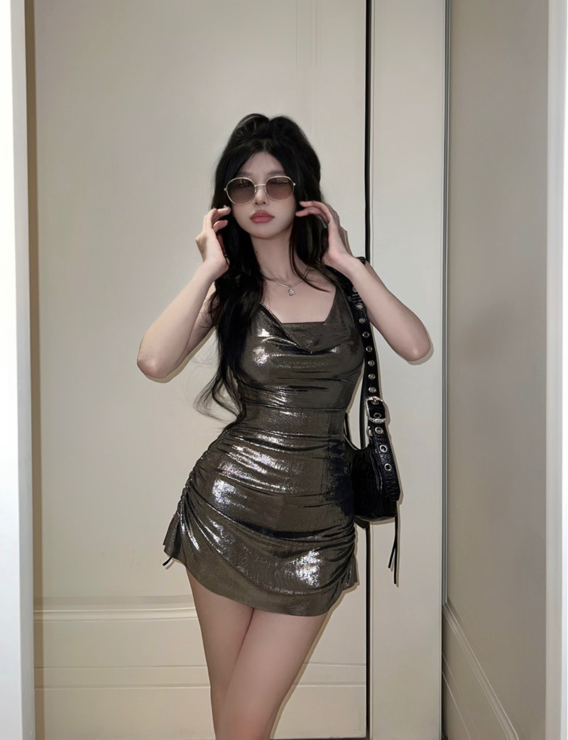 Real shot of tight hot girl style sexy swing neck halterneck shiny waist slimming dress with shorts