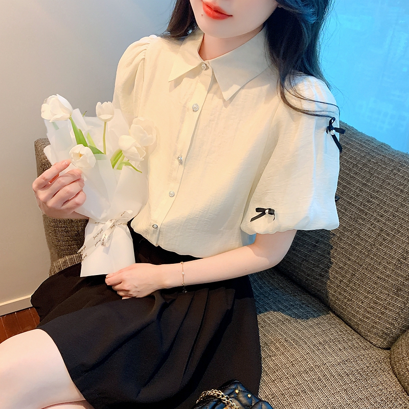 氣質短袖雪紡襯衫2025泡泡袖上衣女夏薄款設計感漂亮小衫減齡