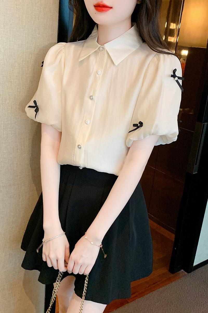 氣質短袖雪紡襯衫2025泡泡袖上衣女夏薄款設計感漂亮小衫減齡