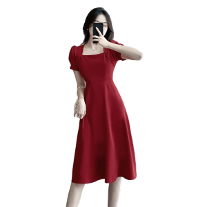 TR32526# 法式优雅连衣裙夏季女新款收腰显瘦气质别致红色礼服裙子 服装批发女装批发服饰货源