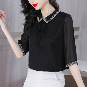 RM14464#重磅真丝衬衫女短袖2023夏季新款黑色气质高端刺绣百搭桑蚕丝上衣