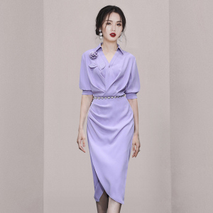 RM22230#夏季女装2023新款气质浅紫色修身收腰显瘦衬衫连衣裙长裙包臀裙子