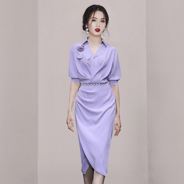 RM22230#夏季女装2023新款气质浅紫色修身收腰显瘦衬衫连衣裙长裙包...