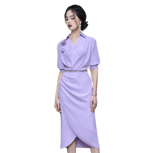RM22230#夏季女装2023新款气质浅紫色修身收腰显瘦衬衫连衣裙长裙包臀裙子