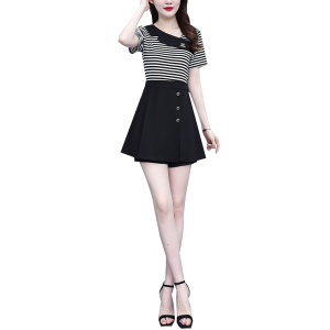 RM14496#夏季新款韩版气质减龄时尚休闲拼接上衣+短裤两件套套装