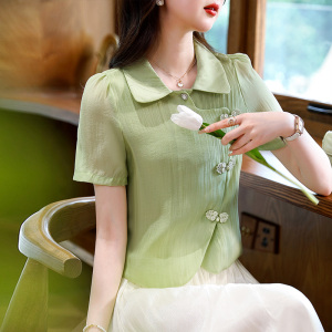 RM22066#夏新款短袖衬衫女夏绿色短款上衣新中式国风盘扣小衫微胖