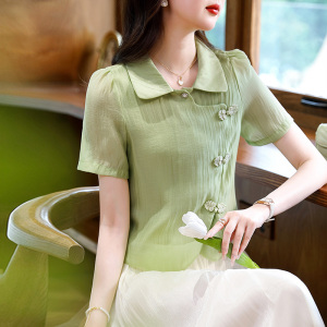 RM22066#夏新款短袖衬衫女夏绿色短款上衣新中式国风盘扣小衫微胖