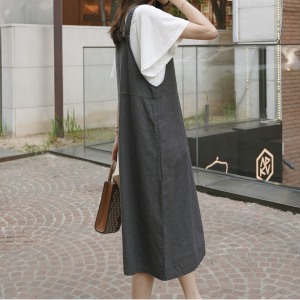 TR39623# 夏季韩版大码女装简约苎麻吊带连衣裙口袋宽松休闲长裙 服装批发女装批发服饰货源