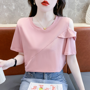 RM14093#气质露单肩短袖T恤女2023夏季新款时尚设计感纯色别致上衣