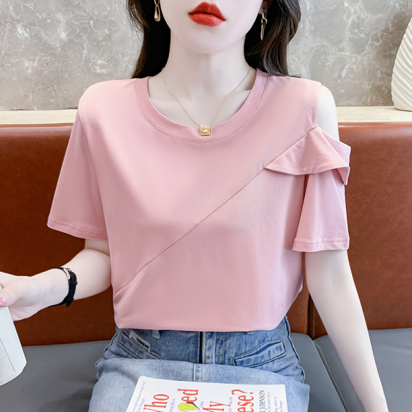 RM14093#气质露单肩短袖T恤女2023夏季新款时尚设计感纯色别致上衣