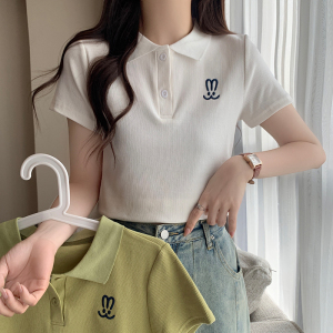 RM14128#夏季刺绣翻领针织短袖T恤短款小个子显瘦长袖polo衫女新款