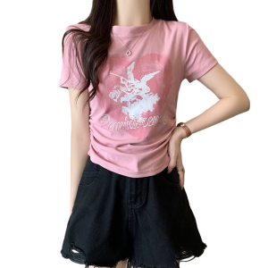 RM14129#夏季新款韩版修身显瘦爱心印花抽褶垫肩短袖T恤女百搭上衣潮