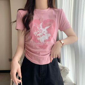 RM14129#夏季新款韩版修身显瘦爱心印花抽褶垫肩短袖T恤女百搭上衣潮