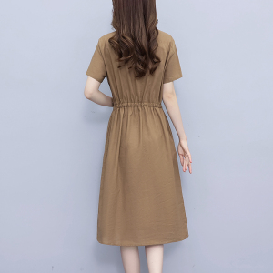 RM14042#棉麻连衣裙女2023新款夏季宽松中长款大码衬衫裙短袖亚麻气质裙子