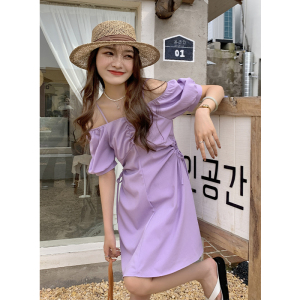 RM17383#夏季韩版小众设计镂空抽绳气质一字领露肩纯色连衣裙