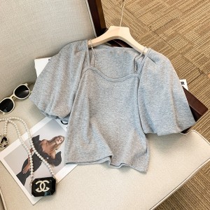 TR34780# 设计感链条肩带短袖T恤夏季新款泡泡袖上衣女