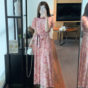 RM18778#夏季新款法式复古收腰茶歇显瘦连衣裙度假裙洋气粉色长裙