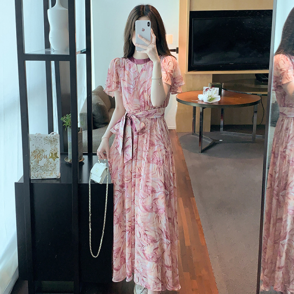 RM18778#夏季新款法式复古收腰茶歇显瘦连衣裙度假裙洋气粉色长裙