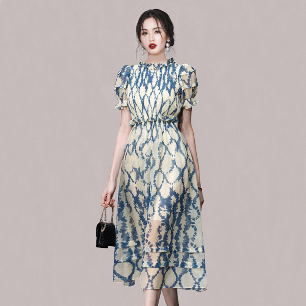 RM13854#夏季新款女装气质水墨画印花中国风收腰显瘦灯笼袖纱裙连衣裙