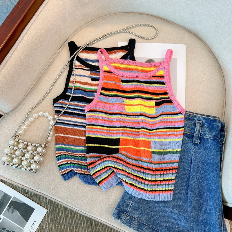 ****~Real shot of rainbow striped short knitted camisole women's summer sleeveless top