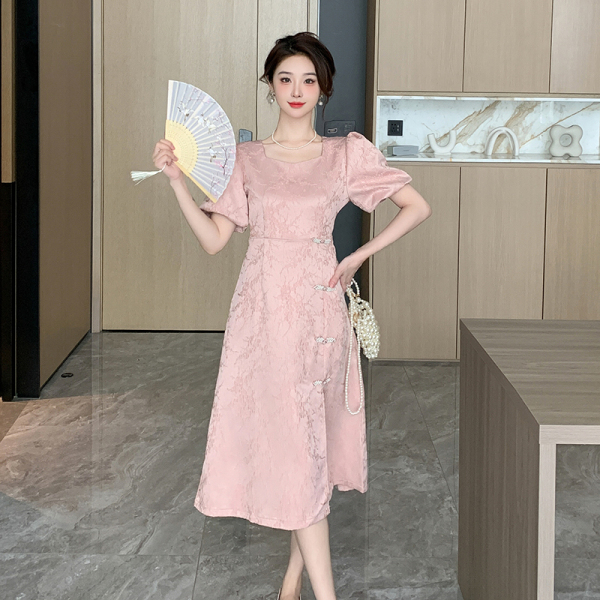 RM15731#新中式开叉连衣裙！气质方领泡泡袖珍珠盘扣裙子