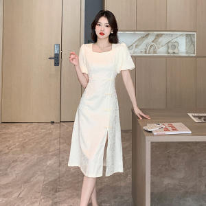 RM15731#新中式开叉连衣裙！气质方领泡泡袖珍珠盘扣裙子
