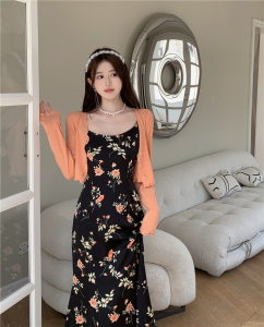TR33317# 时尚洋气韩版休闲吊带裙套装+橘色披肩 服装批发女装批发服饰货源