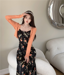 TR33317# 时尚洋气韩版休闲吊带裙套装+橘色披肩 服装批发女装批发服饰货源