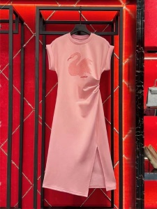 RM14881#法式气质连衣裙女夏褶皱收腰遮肚显瘦设计感小众粉色T恤裙