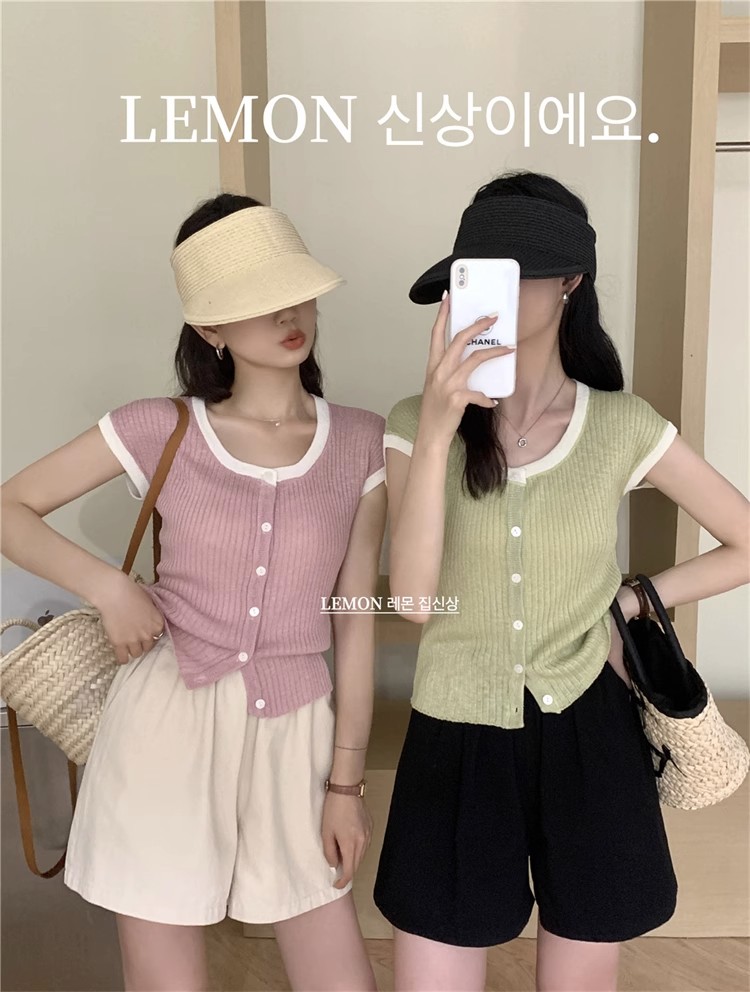 THE LEMON Lemon Green Tea Knitwear Women's Summer Korean Version Contrasting Color Dopamine Round Neck Wrapped Sleeve Pony Clip