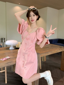 TR32517# 韩系甜美风气质方领粉色牛仔裙小众泡泡袖A字连衣裙女 服装批发女装批发服饰货源