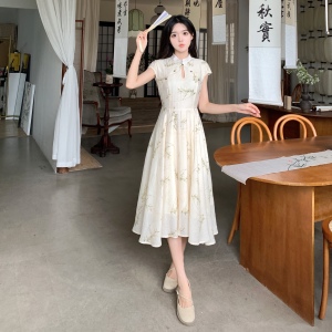 RM15011#夏季新款大码女装新中式国风立领复古改良旗袍印花连衣裙气质