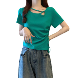 RM13962#夏新款百搭抽绳纯色镂空设计感修身显瘦短袖T恤上衣女