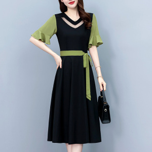 RM19072#假两件套气质修身中长款大码女装胖mm胖妹妹夏季短袖连衣裙阔太太