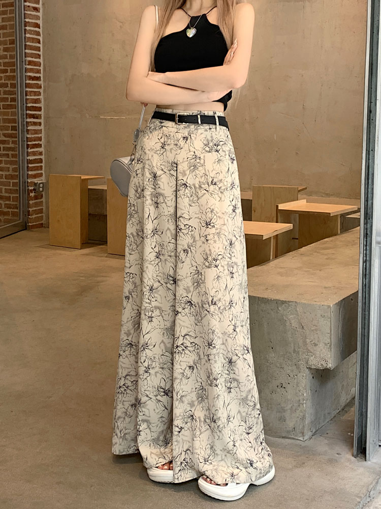 Real shot ~ 2024 new Korean style floral wide-leg pants with high waist and slim floor-length pants for women with belt