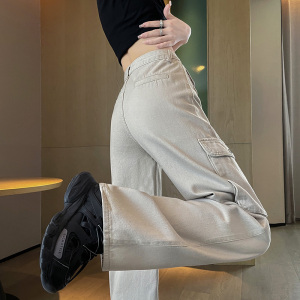 RM14286#白色甜酷工装休闲裤女夏季新款高腰美式高街嘻哈小个子主图阔腿裤