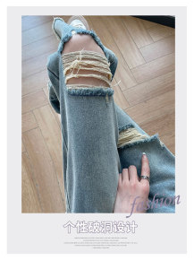 RM14287#夏季新款时尚设计感高腰破洞毛边九分牛仔裤显瘦直筒阔腿裤