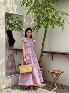 RY1667#韩系少女两穿飞飞袖彩色格子长款连衣裙